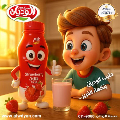 حليب الوديان بنكهة الفريز… الطعمة اللي بتفرّح قلبك حليب طبيعي 100٪ مع فريز لذيذ